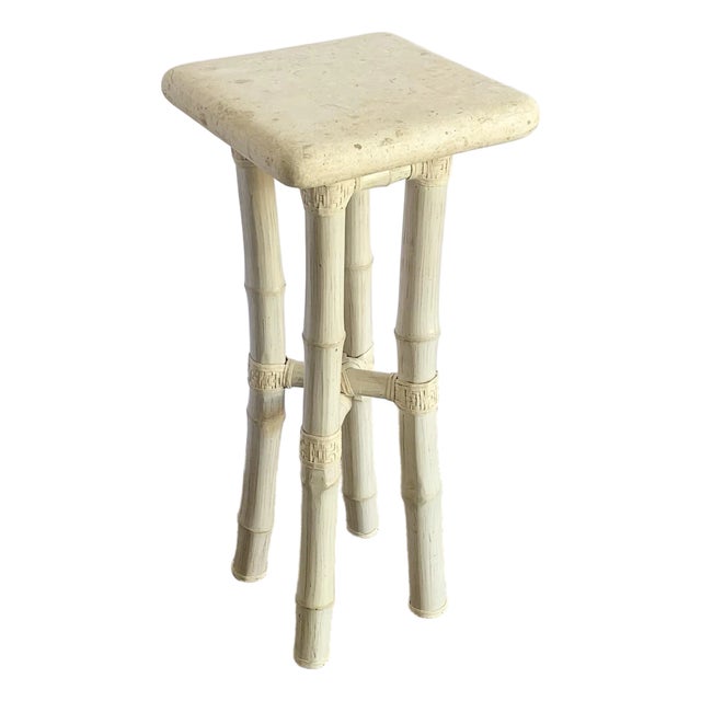 Boho Coastal Beige Bamboo Stone Top Pedestal/Side Table For Sale
