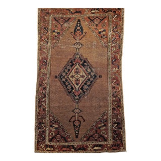 Vintage Persian Malayer Area Rug, Handwoven Geometric Medallion Pattern, Camelhair & Red, 4’ X 7’ For Sale