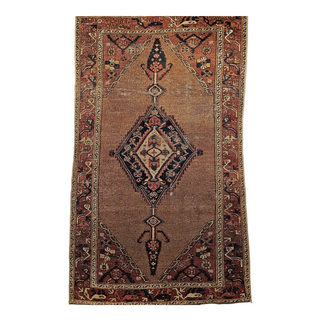 Vintage Persian Malayer Area Rug, Handwoven Geometric Medallion Pattern, Camelhair & Red, 4’ X 7’ For Sale