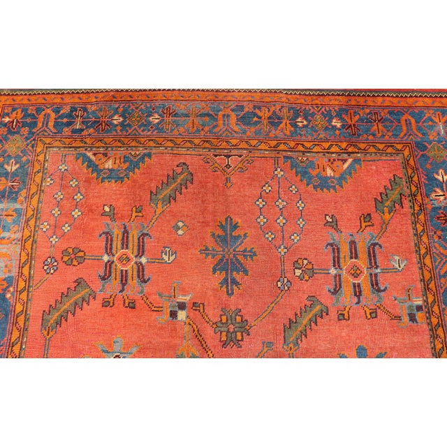 Antique Turkish Oushak Colorful Rug With All-Over Design in Salmon and Blue's 7'9"x12'4" For Sale In Atlanta - Image 6 of 11