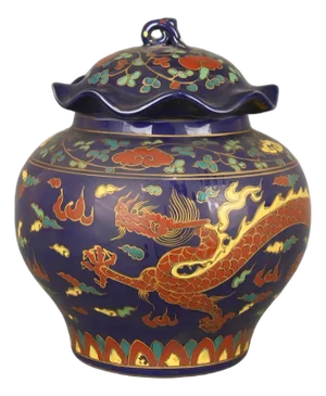 Chinese Vintage Ceramic Pot,Ming Dynasty Xuande Marked Blue Ground Famille Verte Porcelain Lid Jar Hand Painted Cloud and Dragon Pattern