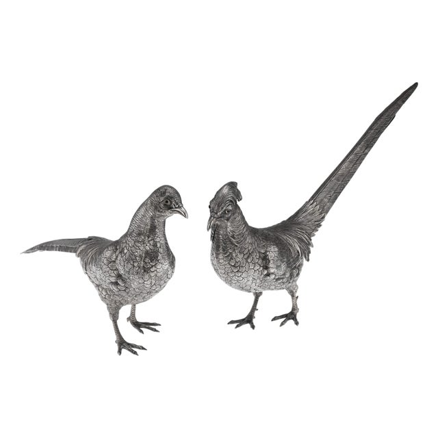 Antique German Silver Pheasant Statues, 1900, Set of 2 For Sale