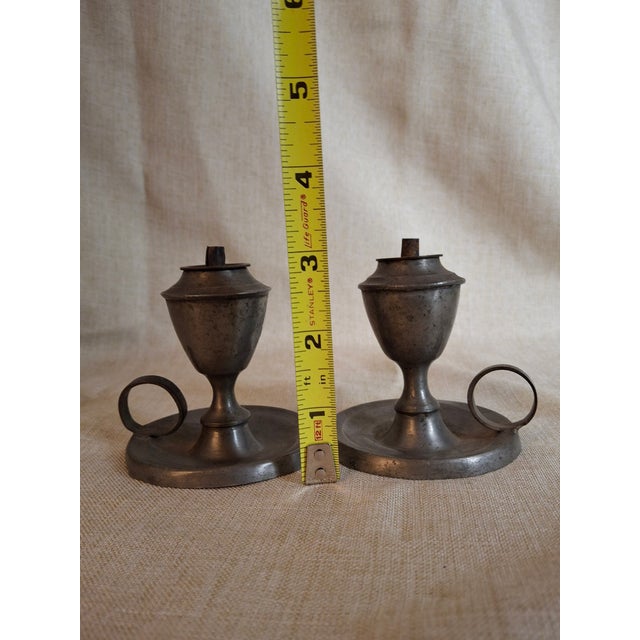 Pair Antique Pewter Whale Oil Finger Lamps Single Tube Drop Burners C. 1830-1850 For Sale - Image 17 of 18