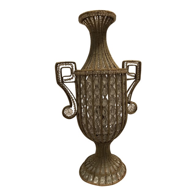 1930’s Hand Beaded Urn Lamp Deco Italian Crystal Tall Table Lamp For Sale