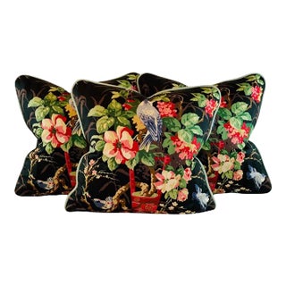Designer Richloom Black Blue Red Green Pink Bluebird Botanical Floral Pillow Covers- 3 Pc Set For Sale