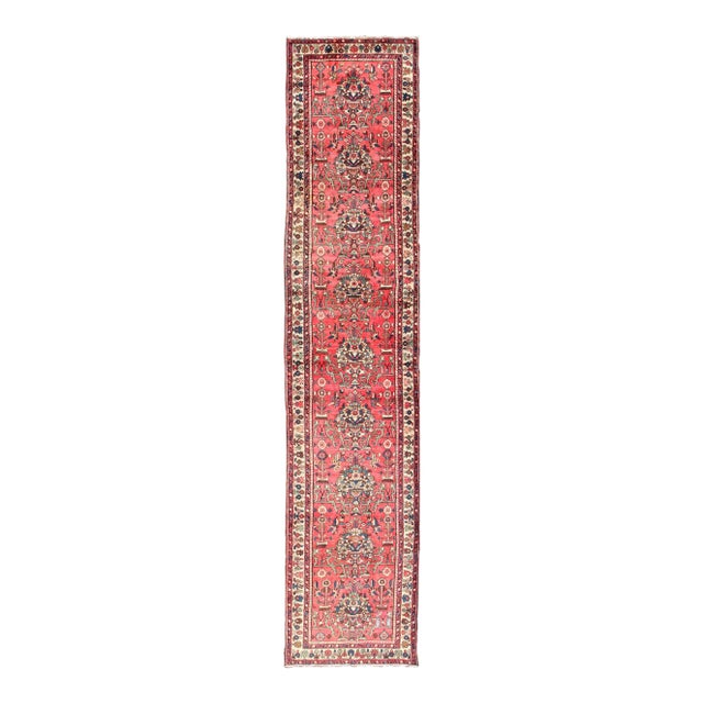 Very Long Semi Vintage Persian Runner in Red Field and Green and Ivory Borders. 3′5″ × 16′8″ For Sale