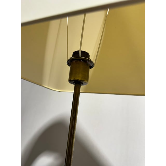 Cast brass 1970"s table lamp from France. Wired for domestic US electrical. Braided cord with inline switch. Unique shade...