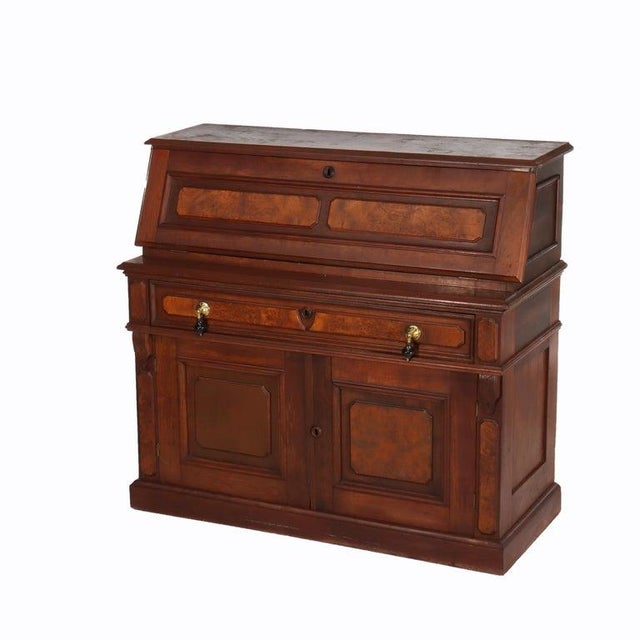 Victorian Antique Walnut & Burl Drop Front Desk With Teardrop Pulls C1880 For Sale - Image 3 of 16