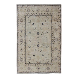 Vintage Tabriz Rug With Beige Field and Deep Indigo Accents Geometric Design For Sale