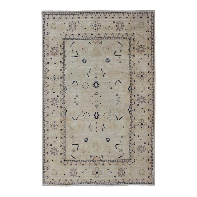 Vintage Tabriz Rug With Beige Field and Deep Indigo Accents Geometric Design For Sale