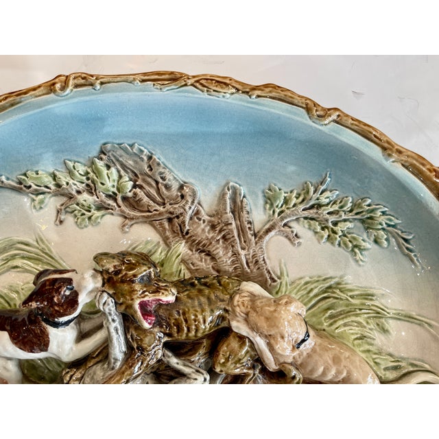 Late 19th Century Rare 19th Century French Sarreguemines Majolica "The Hunt of the Wolves" Barbotine Platter, Rare Turquoise Color. For Sale - Image 5 of 17
