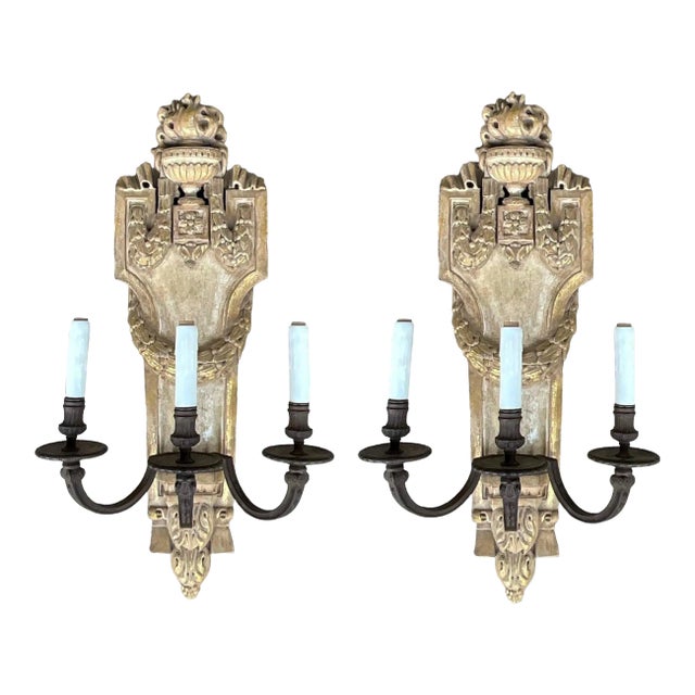 Neo-Classical Style Carved Wood Sconces W/ Urns & Draping Laurel Garland Foliate - Pair For Sale