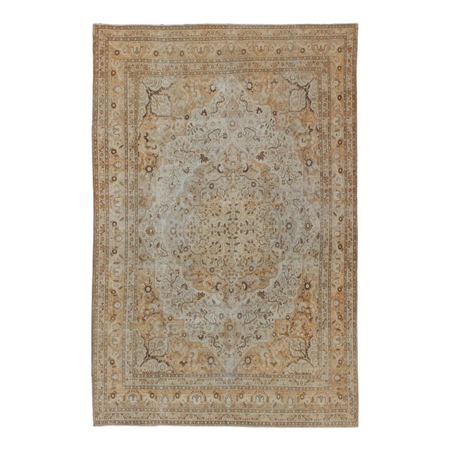 Antique Persian Tabriz Rug With Layered Medallion in Light Copper, Brown & Cream For Sale