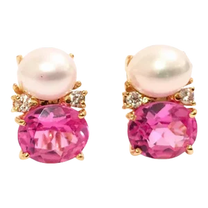 Christina Addison Medium 18kt Yellow Gold Gum Drop Earrings With Pearls, Topaz and Four Diamonds