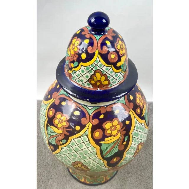 1980s Mexican Talavera Multi-Color Handmade Pottery Lidded Vase or Urn For Sale - Image 5 of 14