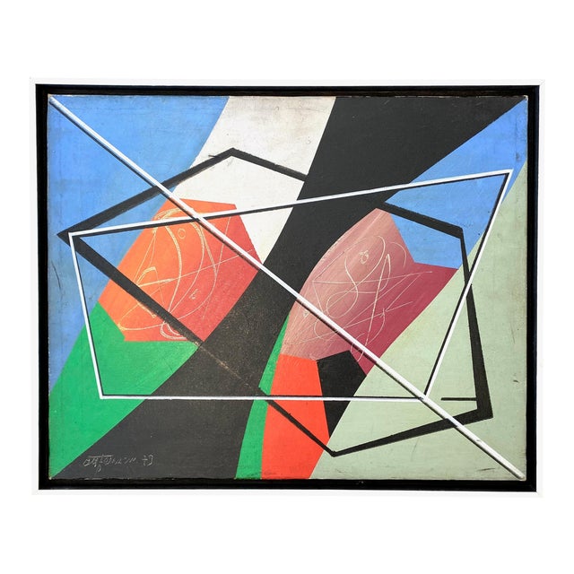 Vintage Italian Postmodern Geometric Abstract Oil Painting For Sale