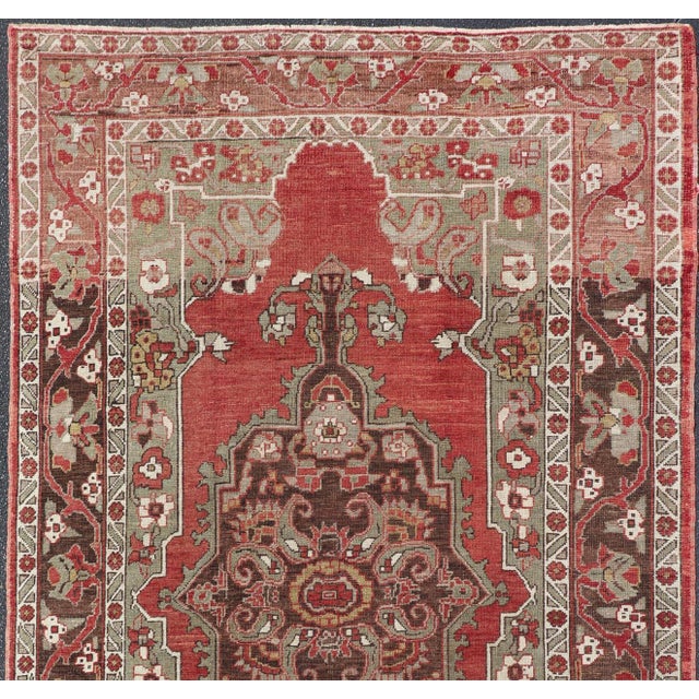 Antique Turkish Oushak Rug With Medallion in Soft Red, Light Green & Brown For Sale - Image 4 of 16