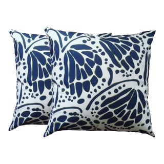 Wings Butterfly Pillows – Navy & Moss, Hand-Printed Cotton Canvas- Set of 2 For Sale