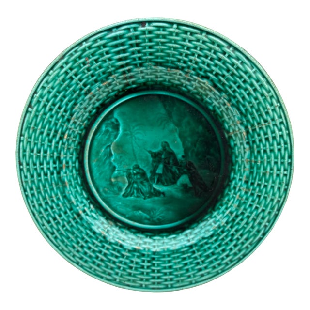 French Majolica Green Plate Rubelles For Sale