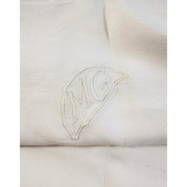Asian Antique Vintage French Cotton Pillowcase  MG Monogram, Fine Hemstitch Detail, Button Back, circa 1910 For Sale - Image 3 of 9