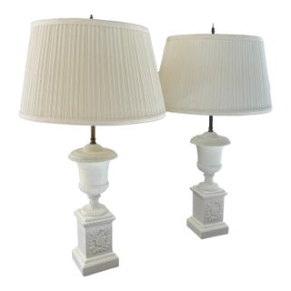 Vintage Italian Borgese White Neoclassical Style Plaster Lamps - A Pair For Sale
