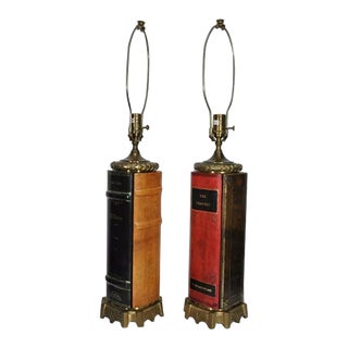 Vintage English Regency Style Leather Book Form Table Lamps by Wildwood - a Pair For Sale