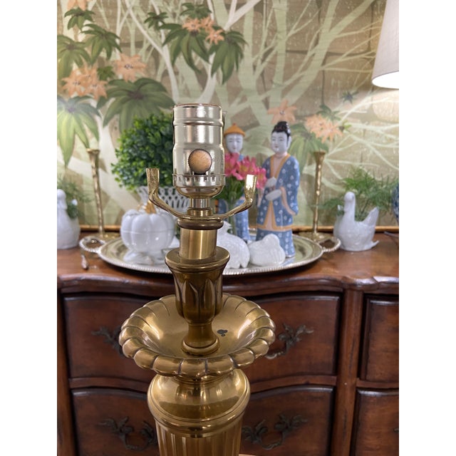 Mid to Late Twentieth Century Tall Antique Brass Candlestick Lamp For Sale - Image 4 of 9