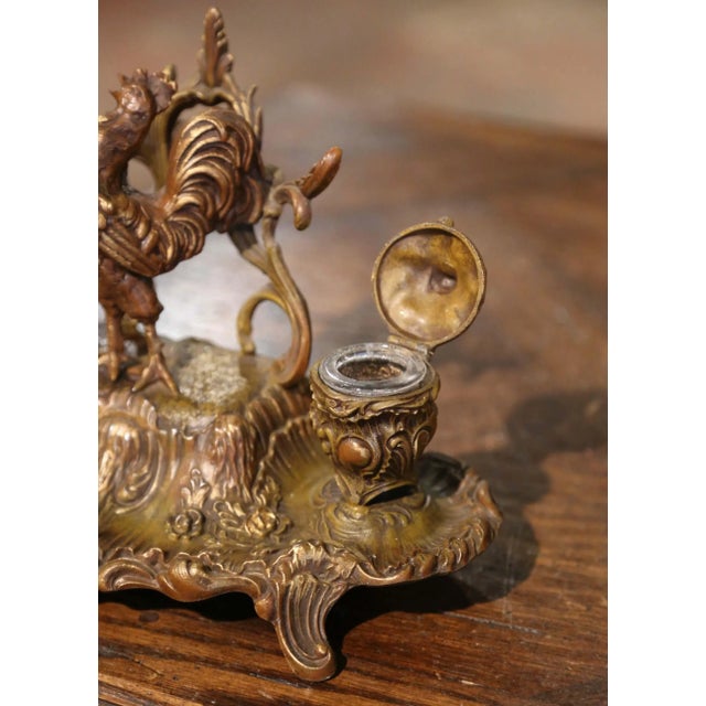 19th Century French Gilt Spelter Inkwell With Rooster Sculpture Signed A. Bossu For Sale - Image 9 of 12