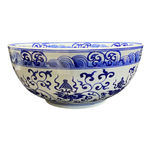 Large Vintage Chinoiserie Blue & White Porcelain Bowl 16" Diameter