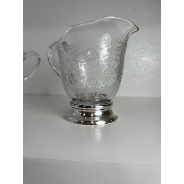 James Duncan, Inc. 1940s Creamer and Sugar Bowl Set by Duncan Miller - Pattern Adoration Etched Crystal W/Solid Sterling Silver Bases For Sale - Image 4 of 4