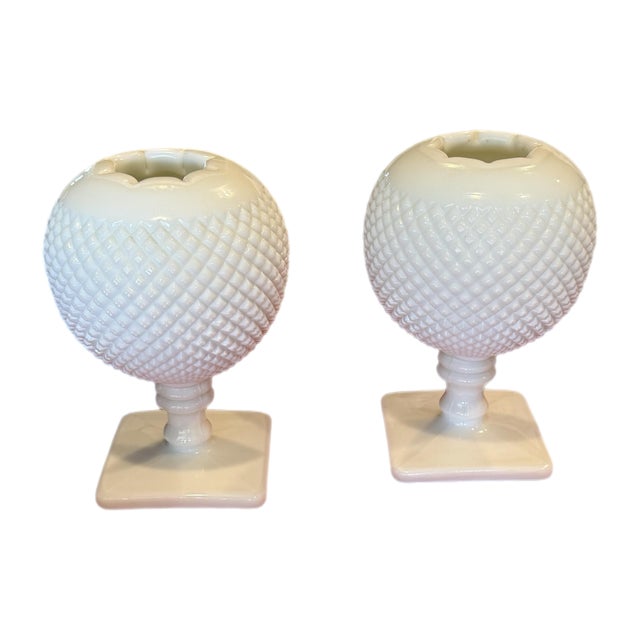 Vintage Westmoreland Milk Glass Hobnail Ivy Bowl Pedestal Vase Pair, 7" For Sale - Image 10 of 11