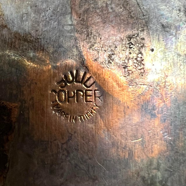 Hand hammered Turkish copper pot with Greek key design on brass handle. Measures 5” diameter around top, bottom 6.25”...