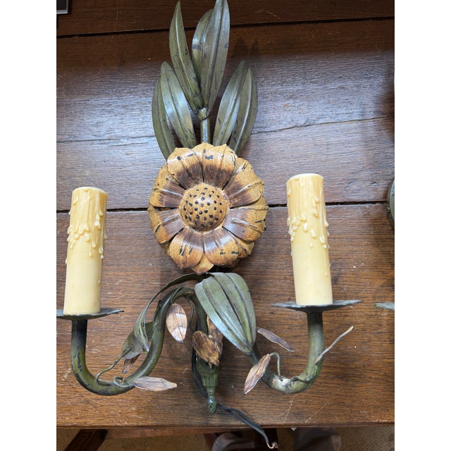 Metal Vintage Tole Sunflower Sconces - a Pair For Sale - Image 7 of 10