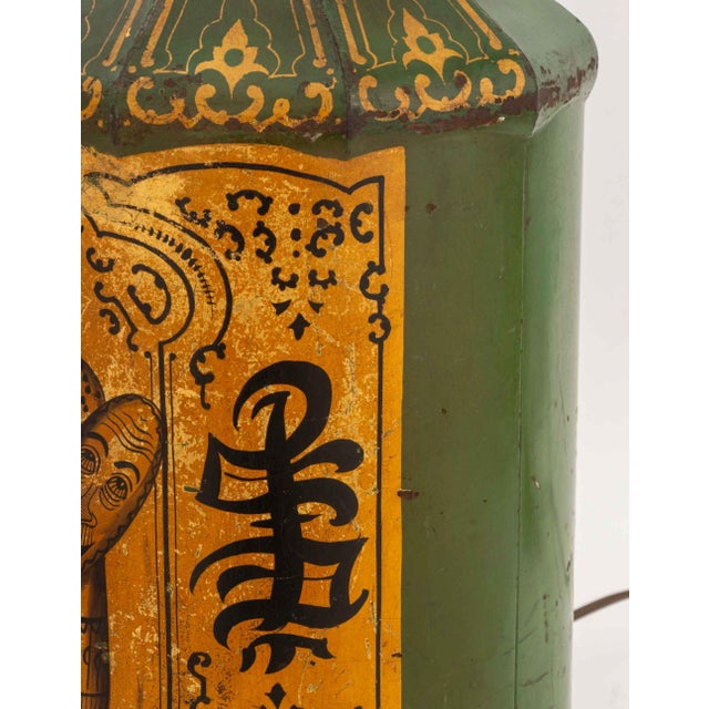 Metal Victorian Chinoiserie Green Painted Toleware Lamp For Sale - Image 7 of 8