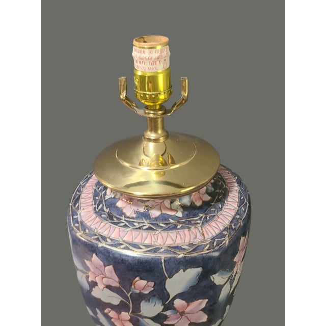 Ceramic Vintage Asian Motif Chinoiserie Hand Painted Pink Floral Table Lamp For Sale - Image 7 of 8