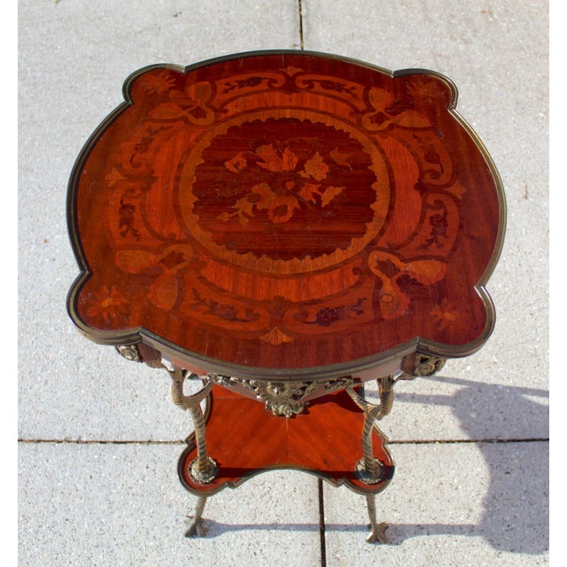 French Louis XV Revival Style Parquetry & Gilt Metal Accent Table, Mid 20th Century For Sale - Image 4 of 15