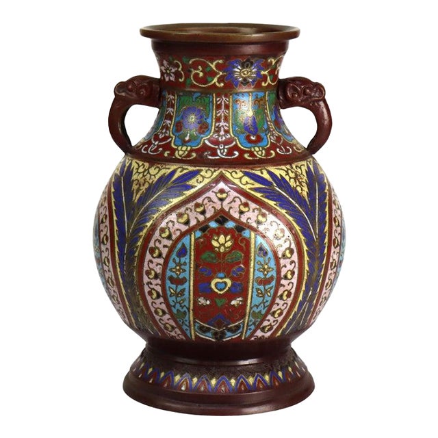 Antique Japanese Cloisonne Enameled Double Handle Bronze Vase C1900 For Sale