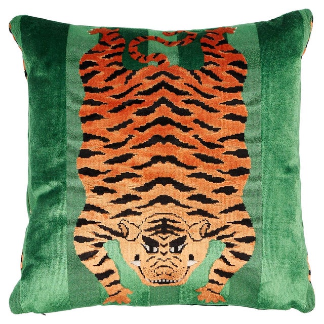 Abstract Schumacher x Johnson Hartig Jokhang Tiger Velvet 18" Pillow in Green For Sale - Image 3 of 3