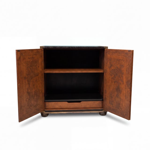Chinoiserie Black Lacquer Bar Cabinet W/ Palace Pavilion Ascending Dragon For Sale - Image 4 of 8