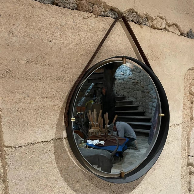 For your consideration, a ,modernist style of Jacques Adnet in a contemporary round wall mirror framed in equestrian...