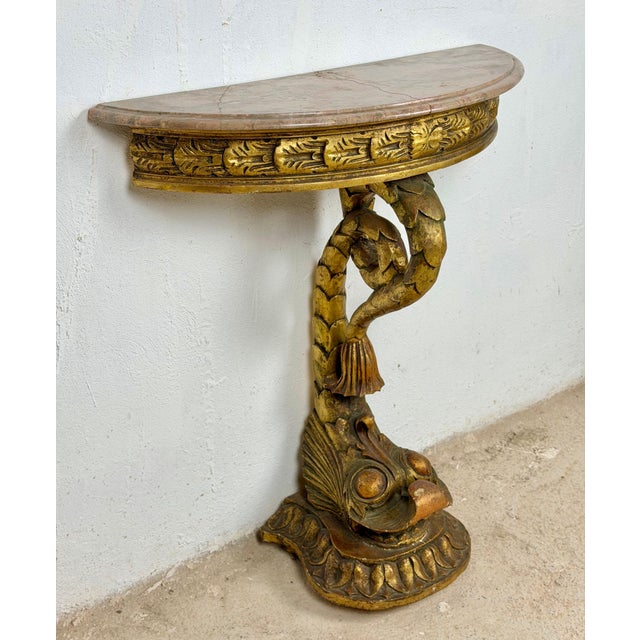 Wood Italian Giltwood Demi-lune Table with Marble Top, Mid-20th Century For Sale - Image 7 of 11