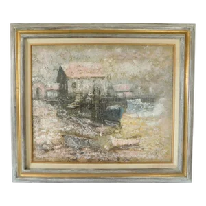 Vintage Mid Century Signed Impressionist Seascape Boat Cabin Oil on Canvas Framed