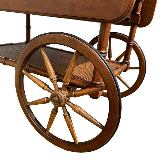 Vintage Wood Rolling Bar Cart by Hekman With Faux Bamboo, Woven Rattan, Large Wheels and Expanding Drop Leaf Table Top For Sale - Image 10 of 11