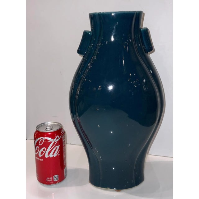 Modern Ceramic Teal Vase With Handles For Sale - Image 3 of 4