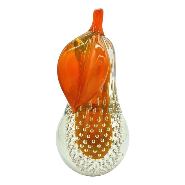 1960s Alfredo Barbini Bullicante Aventurine Murano Glass Pear Scupture For Sale