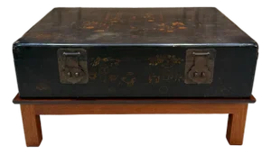 Chinese Lacquered Wooden Chest Coffee Table With Animated Palace Scene