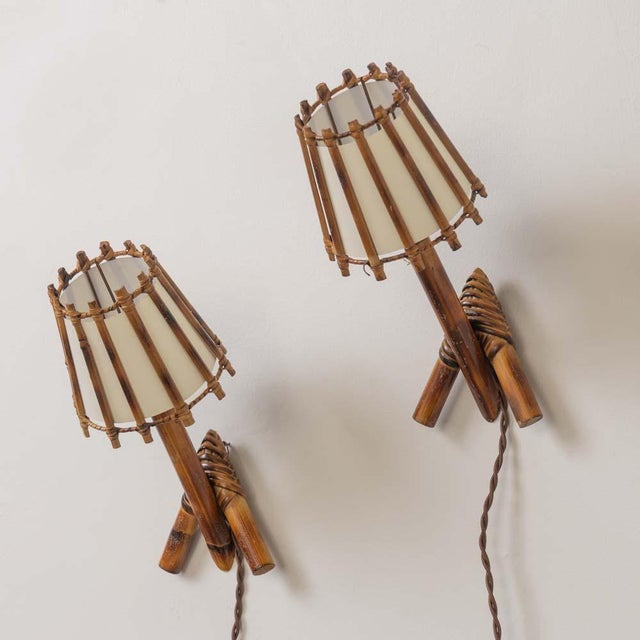 French 1960s French Rattan Sconces by Louis Sognot - a Pair For Sale - Image 3 of 12