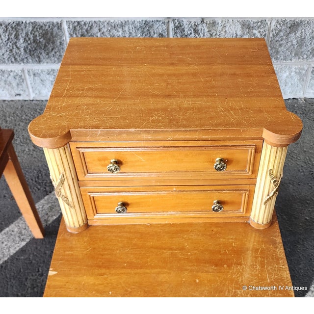 Pair Antique French Neoclassical 1930s Satinwood Mahogany Bedroom Night Tables ~ as Is ~ For Sale - Image 9 of 10
