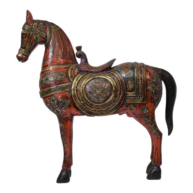 1940s Handcrafted White Wooden Horse Statue | Jeweled Indian Royal Equestrian Sculpture | Art Deco Wood Carving | Unique Housewarming Gift For Sale