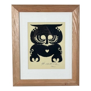 Vintage Albert Leon Wilson Signed Modernist Owl Print c.1972 Framed For Sale